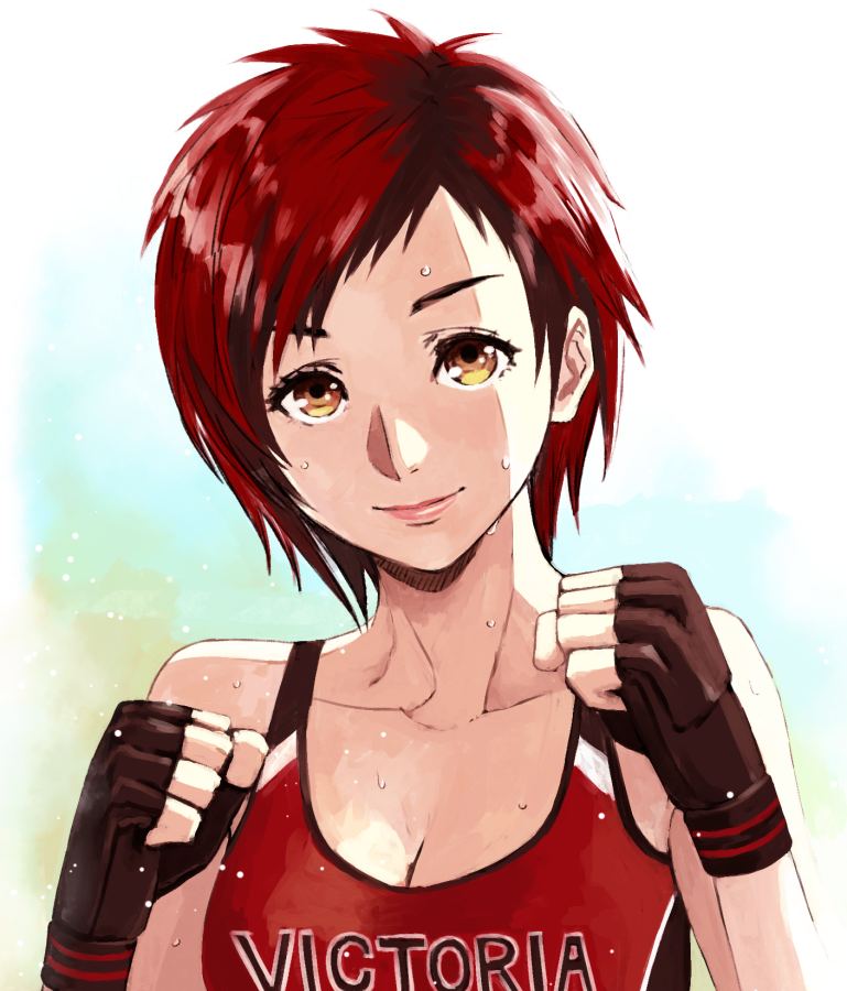 1girl bangs bare_shoulders boxing_gloves breasts cleavage clenched_hands closed_mouth clothes_writing collarbone commentary_request dead_or_alive dead_or_alive_6 fighting_stance gloves hands_up looking_at_viewer medium_breasts mila_(doa) natsumeg_999 redhead short_hair simple_background smile solo sports_bra sweat tomboy upper_body yellow_eyes