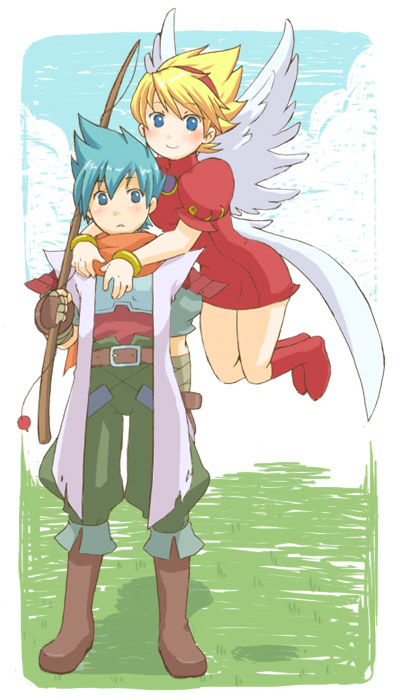 1boy 1girl angel_wings blonde_hair blue_eyes blue_hair boots bracelet breasts breath_of_fire breath_of_fire_iii closed_mouth clouds commentary_request dress fishing_rod graphite_(medium) grass hairband jewelry knee_boots looking_at_viewer nina_(breath_of_fire_iii) puffy_sleeves ryuu_(breath_of_fire_iii) short_hair smile traditional_media white_wings wings