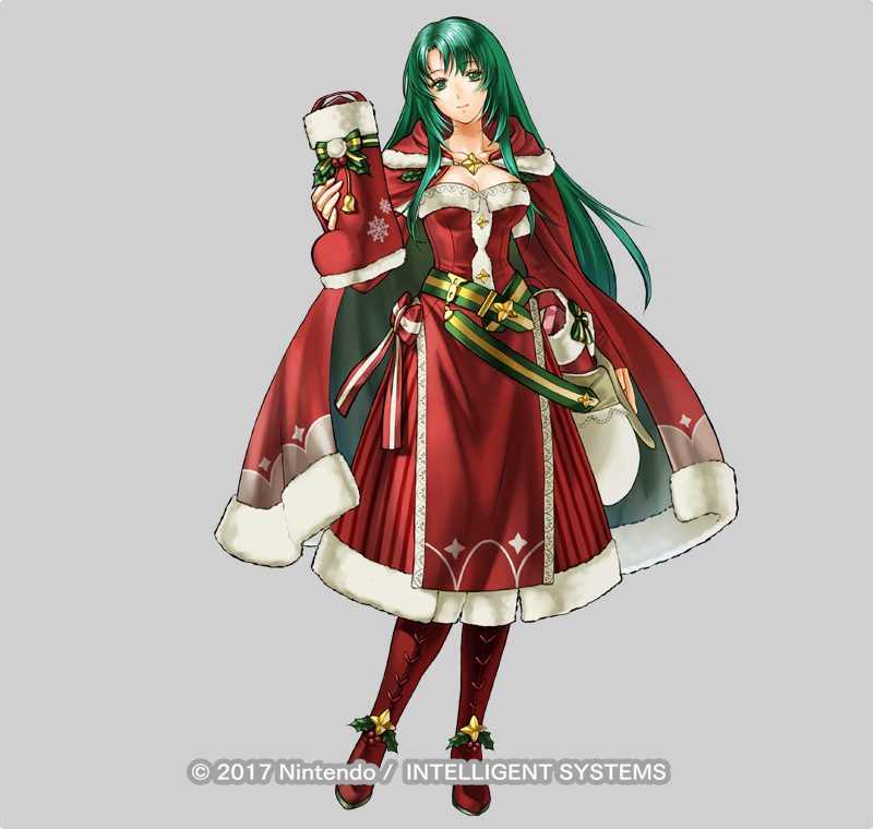 1girl breasts cecilia_(fire_emblem) christmas closed_mouth dated fire_emblem fire_emblem:_fuuin_no_tsurugi fire_emblem_heroes green_eyes green_hair kita_senri long_hair looking_at_viewer nintendo official_art simple_background solo