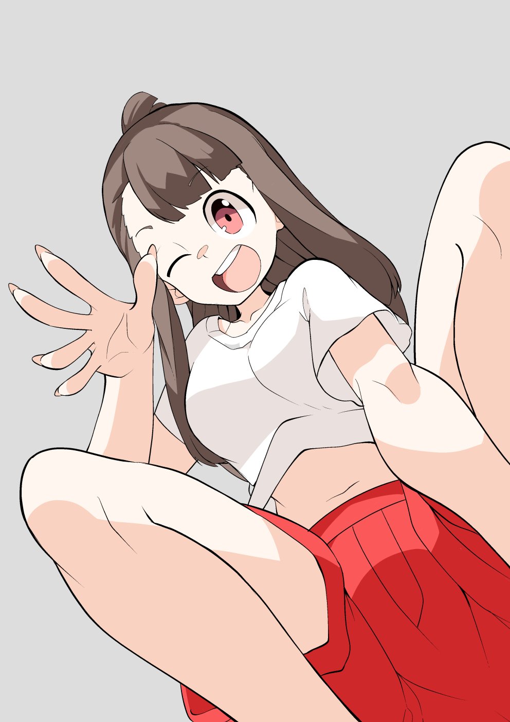 1girl bangs blunt_bangs breasts brown_hair eyebrows_visible_through_hair from_below grey_background highres kagari_atsuko little_witch_academia long_hair looking_at_viewer nail navel one_eye_closed open_mouth popopo red_eyes red_shorts shirt short_sleeves shorts simple_background smile solo white_shirt