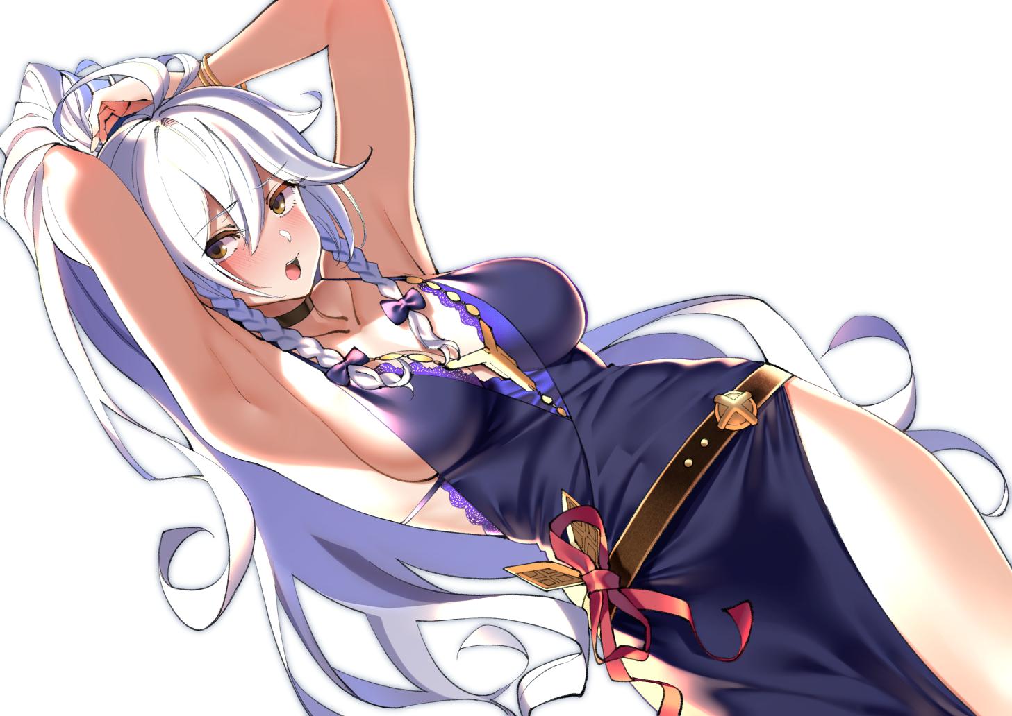 1girl ahoge armpits arms_behind_head arms_up bangs bare_shoulders belt blue_dress blush bracelet braid breasts choker cleavage collarbone dress granblue_fantasy hair_between_eyes hip_focus jewelry large_breasts long_hair looking_at_viewer necklace okita_ababa open_mouth silva_(granblue_fantasy) silver_hair simple_background solo twin_braids tying_hair very_long_hair wavy_hair white_background yellow_eyes