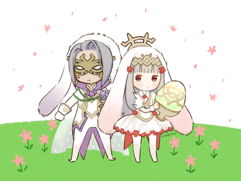 1boy 1girl animal_ears artist_name ayawo brother_and_sister chibi closed_mouth dark_skin dark_skinned_male dress easter_egg egg fake_animal_ears fire_emblem fire_emblem_heroes gloves grey_hair hair_ornament holding long_hair long_sleeves mask mysterious_man_(fire_emblem) nintendo pants rabbit_ears short_dress short_hair siblings standing veronica_(fire_emblem) white_gloves white_pants