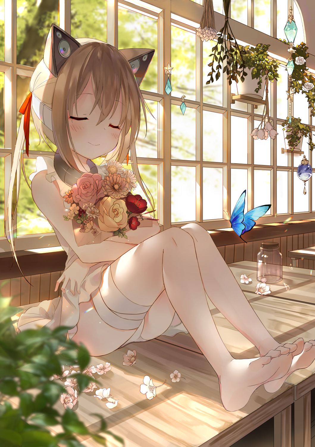 1girl amafuyu animal_ears bandage bandaged_leg bandages bangs bare_arms bare_legs bare_shoulders barefoot blush bouquet bug butterfly cat_ears closed_eyes closed_mouth collar day dress eyebrows_visible_through_hair fake_animal_ears flower hair_ribbon highres holding holding_bouquet indoors insect jar long_hair on_table original panties pantyshot pantyshot_(sitting) pink_flower plant ponytail potted_plant red_flower red_ribbon ribbon rose sidelocks sitting sleeveless sleeveless_dress smile solo speaker sunlight table underwear upskirt white_dress white_flower white_panties white_rose window yellow_flower yellow_rose