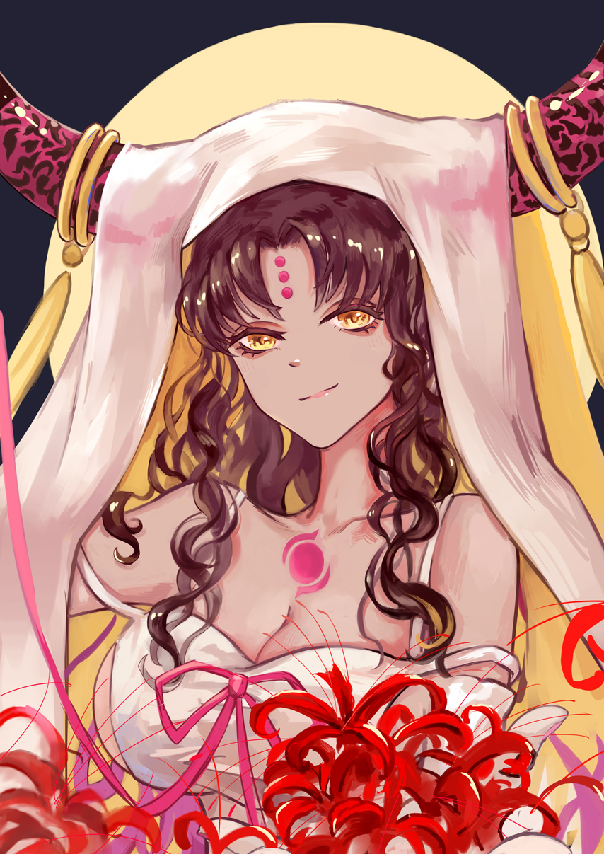 1girl black_background bouquet bow breasts brown_hair cleavage curly_hair dark_skin dress facial_mark fate/grand_order fate_(series) flower forehead_mark highres hood horn_ring horns large_breasts lips long_hair looking_at_viewer moon pink pink_bow ribbon sesshouin_kiara sideboob simple_background solo spaghetti_strap spider_lily strap_slip tassel upper_body veil white_dress yellow_eyes yun_kuokuo