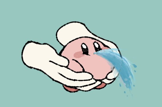 1other aqua_background black_eyes blush_stickers disembodied_hands fish_spitting_water hal_laboratory_inc. holding hoshi_no_kirby kirby kirby_(series) meme mikan_38knight nintendo simple_background solo water