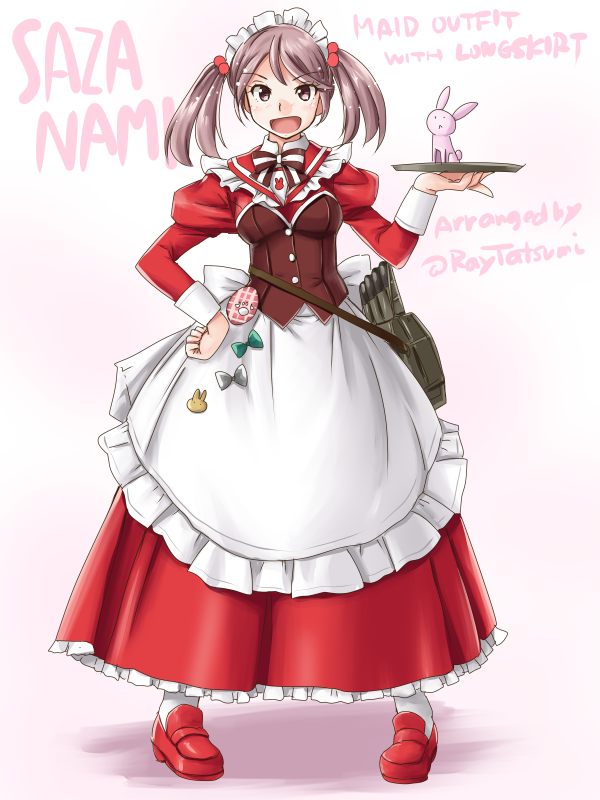 1girl adapted_costume alternate_costume apron badge corset dress english_text enmaided frilled_apron frills full_body hair_bobbles hair_ornament hand_on_hip kantai_collection loafers long_dress long_hair long_sleeves looking_at_viewer maid open_mouth pink_eyes pink_hair rabbit red_dress red_footwear sazanami_(kantai_collection) school_uniform serafuku shoes smile solo standing tatsumi_ray torpedo_tubes tray twintails twitter_username white_apron