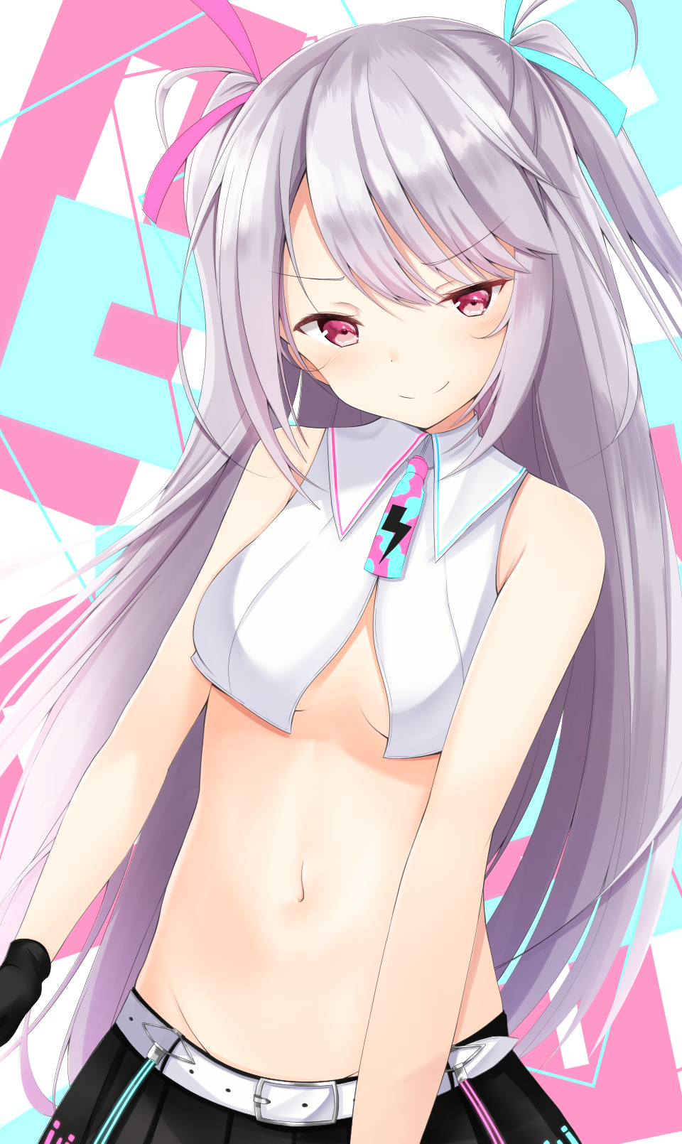 1girl bare_shoulders belt black_gloves breasts crop_top doyachii gloves hair_ribbon highres long_hair looking_at_viewer midriff navel no_bra otomata_ruka pink_eyes ribbon ruka_ch. sidelocks silver_hair sleeveless small_breasts solo stomach two_side_up virtual_youtuber