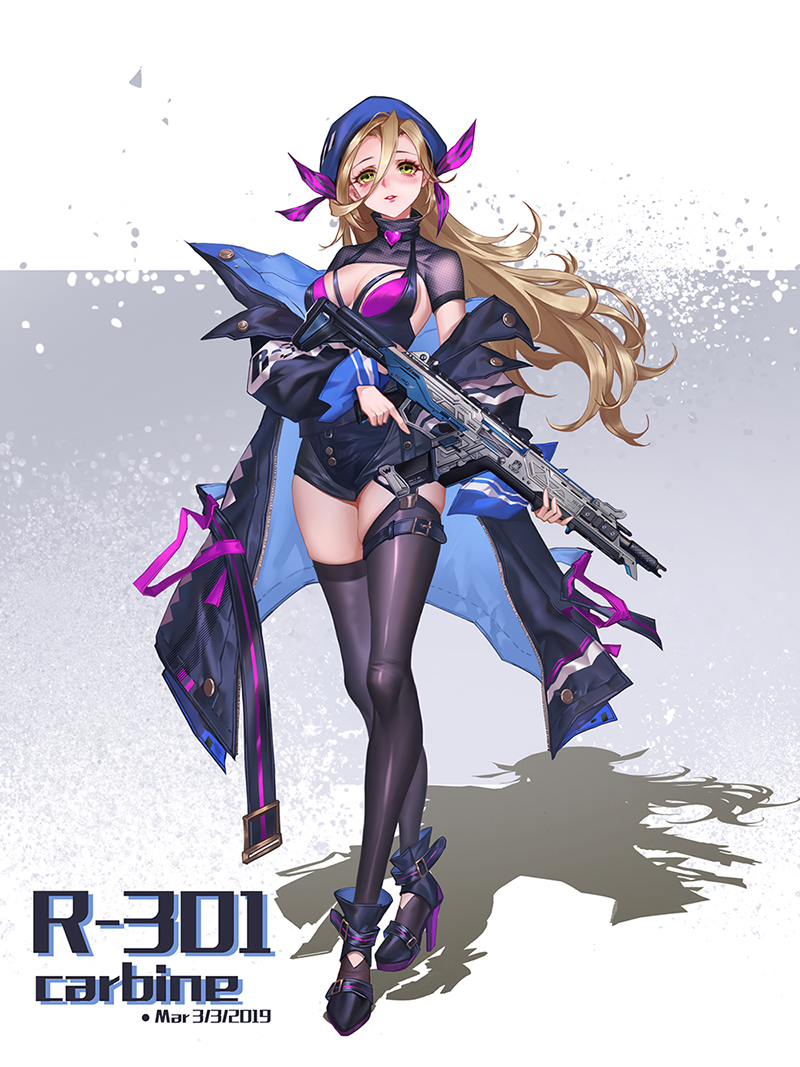 1girl apex assault_rifle baggy_clothes bangs blue_headwear boots bra breasts choker coat collarbone crossed_legs dated floating_hair full_body garter_straps green_eyes gun hair_between_eyes hair_ribbon halter_top halterneck hat heart heart_choker high-waist_shorts high_heel_boots high_heels holding holding_gun holding_weapon large_breasts legs_crossed light_brown_hair long_hair looking_at_viewer off_hsoulder open_clothes open_coat original parted_lips purpel_ribbon purple_bra purple_footwear purple_legwear r-301_carbine rainygo red_lips ribbon rifle shrug_(clothing) sidelocks skindentation solo thigh-highs thigh_strap thighs trench_coat trigger_discipline underwear unzipped watson_cross weapon