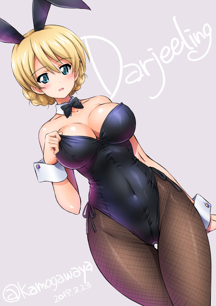 1girl :d alternate_costume animal_ears bare_shoulders black_leotard blonde_hair blue_eyes blush bow bowtie braid breasts bunnysuit character_name cleavage clothes_tug collarbone covered_navel darjeeling dated detached_collar dutch_angle eyebrows_visible_through_hair fake_animal_ears fishnet_pantyhose fishnets french_braid girls_und_panzer grey_background hair_between_eyes highleg highleg_leotard hip_focus impossible_clothes impossible_leotard kamogawa_tanuki large_breasts leotard looking_at_viewer open_mouth pantyhose rabbit_ears shiny shiny_clothes shiny_hair short_hair side-tie_leotard signature simple_background smile solo thigh_gap twitter_username wrist_cuffs