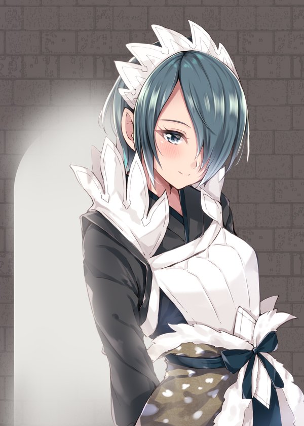 1girl arm_behind_back black_ribbon blue_eyes dress fire_emblem fire_emblem_if grey_hair hair_ornament hair_over_one_eye headdress japanese_clothes jiino long_sleeves looking_at_viewer one_eye_covered ribbon setsuna_(fire_emblem_if) short_hair smile solo sunlight upper_body