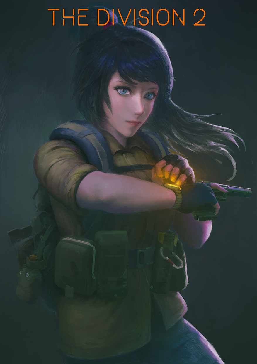 1girl black_hair blue_eyes denim gun harness highres jacket jeans long_hair original pants ponytail pouch solo tagme tom_clancy's_the_division tom_clancy's_the_division_2 weapon xpjt3275
