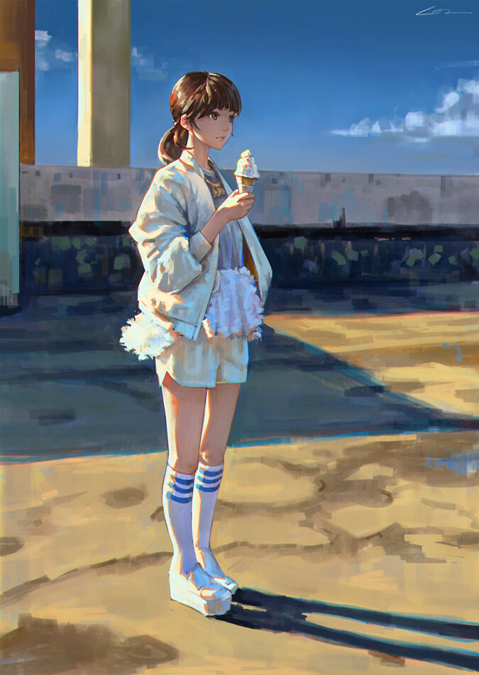 1girl bangs blue_sky brown_hair building expressionless food full_body holding holding_food ice_cream ice_cream_cone long_sleeves original outdoors ponytail shadow sky socks solo standing tan_haipeng white_footwear