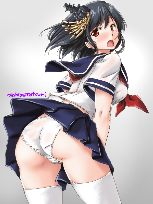 1girl alternate_costume ass black_hair blue_sailor_collar blue_skirt commentary_request cowboy_shot from_behind gradient gradient_background grey_background hair_ornament kantai_collection leaning_forward looking_at_viewer looking_back neckerchief panties pleated_skirt red_eyes red_neckwear sailor_collar school_uniform serafuku short_hair skirt solo tatsumi_ray thigh-highs twitter_username underwear white_legwear white_panties yamashiro_(kantai_collection)