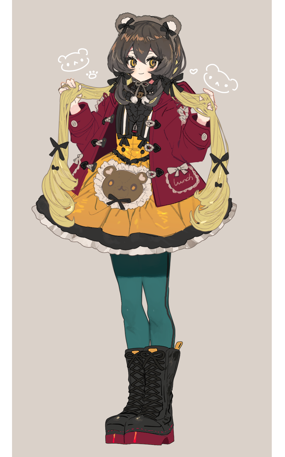 1girl animal_ears blonde_hair boots brown_hair coat dress fake_animal_ears frills hair_between_eyes hair_ribbon highres lolita_fashion long_hair looking_at_viewer lunch_(lunchicken) multicolored_hair original ribbon smile solo two-tone_hair winter_clothes winter_coat yellow_eyes