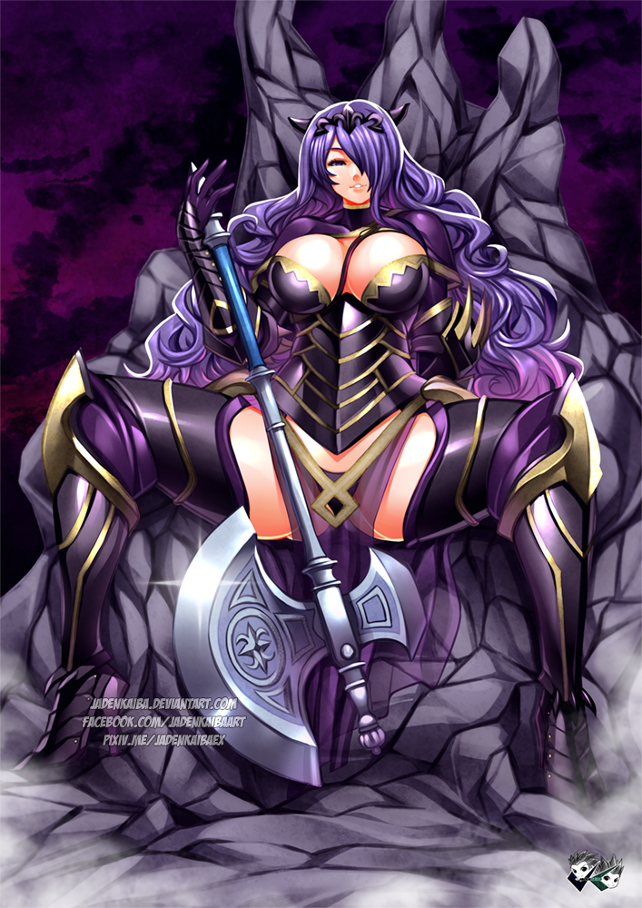 1girl armor axe black_armor breasts camilla_(fire_emblem_if) fire_emblem fire_emblem_if full_body hair_over_one_eye high_heels holding holding_axe jadenkaiba large_breasts long_hair nintendo parted_lips purple_hair see-through sitting solo spread_legs tiara watermark web_address