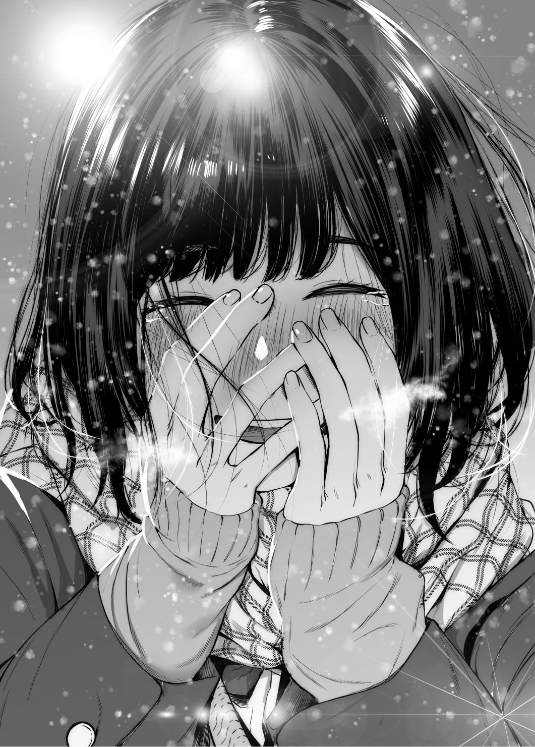 1girl blush breath closed_eyes cold commentary_request covering_face greyscale highres jorori laughing lens_flare monochrome open_mouth original scarf short_hair sleeves_past_wrists snowing solo tears upper_body winter_clothes