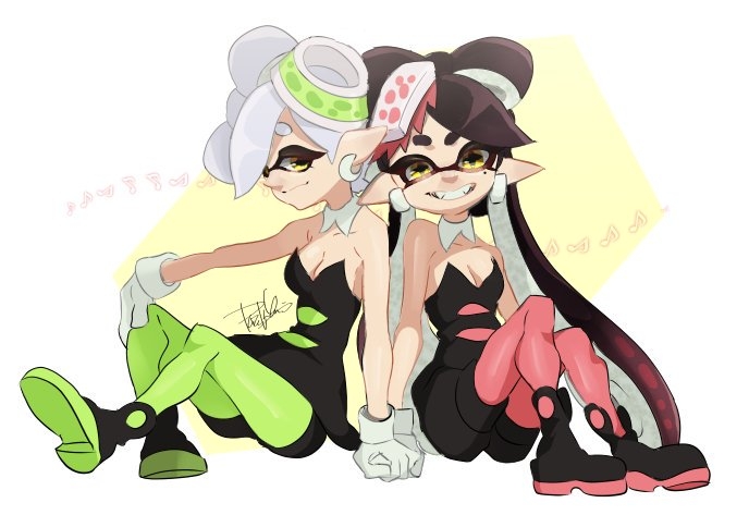 +_+ 2girls aori_(splatoon) bare_shoulders black_dress black_footwear black_hair black_jumpsuit boots breasts cleavage closed_mouth cousins detached_collar domino_mask dress earrings eighth_note fangs gloves gradient_hair green_legwear grin hand_holding hotaru_(splatoon) isamu-ki_(yuuki) jewelry long_hair looking_at_viewer mask medium_breasts mole mole_under_eye multicolored_hair multiple_girls musical_note object_on_head pantyhose pink_hair pink_legwear pointy_ears short_jumpsuit shorts_under_dress sitting smile splatoon splatoon_(series) splatoon_1 strapless strapless_dress suction_cups symbol-shaped_pupils teeth two-tone_hair very_long_hair white_gloves yellow_eyes