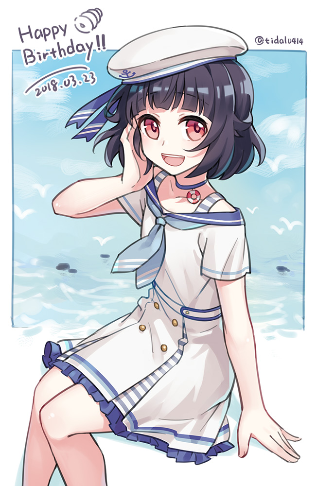 1girl :d anchor_print bang_dream! bangs black_hair blue_choker blue_neckwear blue_ribbon chocolate_cornet choker dated double-breasted dress food hand_on_own_cheek happy_birthday hat hat_ribbon looking_at_viewer mujun_atama neckerchief ocean open_mouth red_eyes ribbon sailor_dress sailor_hat short_hair short_sleeves sitting smile solo twitter_username ushigome_rimi white_dress white_headwear