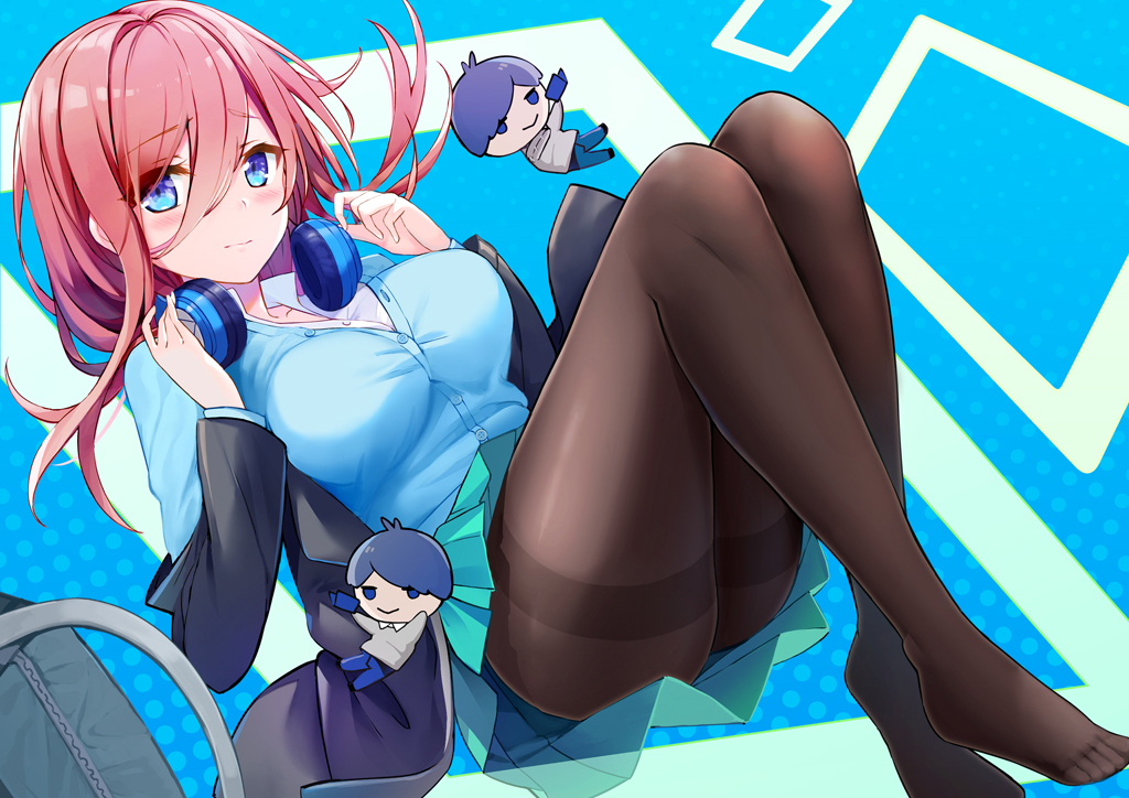 1girl ass bangs black_jacket blazer blue_cardigan blue_eyes blush brown_hair brown_legwear cardigan character_doll closed_mouth collarbone collared_shirt commentary_request dress_shirt eyebrows_visible_through_hair go-toubun_no_hanayome green_skirt hair_between_eyes headphones headphones_around_neck jacket knees_up long_sleeves nakano_miku no_shoes open_blazer open_clothes open_jacket pantyhose pleated_skirt rods shirt skirt solo thighband_pantyhose white_shirt