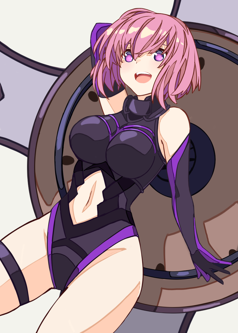 1girl :d arm_up bare_shoulders black_leotard blush breasts dutch_angle elbow_gloves fate/grand_order fate_(series) gloves grey_background holding_shield impossible_clothes impossible_leotard large_breasts leotard looking_at_viewer mash_kyrielight navel navel_cutout open_mouth oversized_object pink_hair purple_gloves purple_leotard reibun_(raven1119) shield short_hair simple_background skindentation smile solo thigh_strap thighs upper_teeth violet_eyes