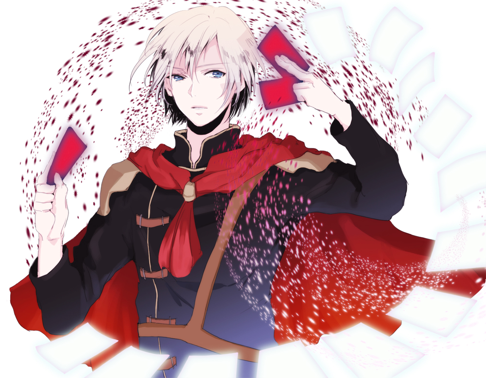 1boy ace_(fft-0) akademeia_uniform blonde_hair blue_eyes cape card eye_contact facing_viewer final_fantasy final_fantasy_type-0 holding jacket looking_at_another looking_at_viewer male_focus medium_hair scarf school_uniform short_hair solo weapon