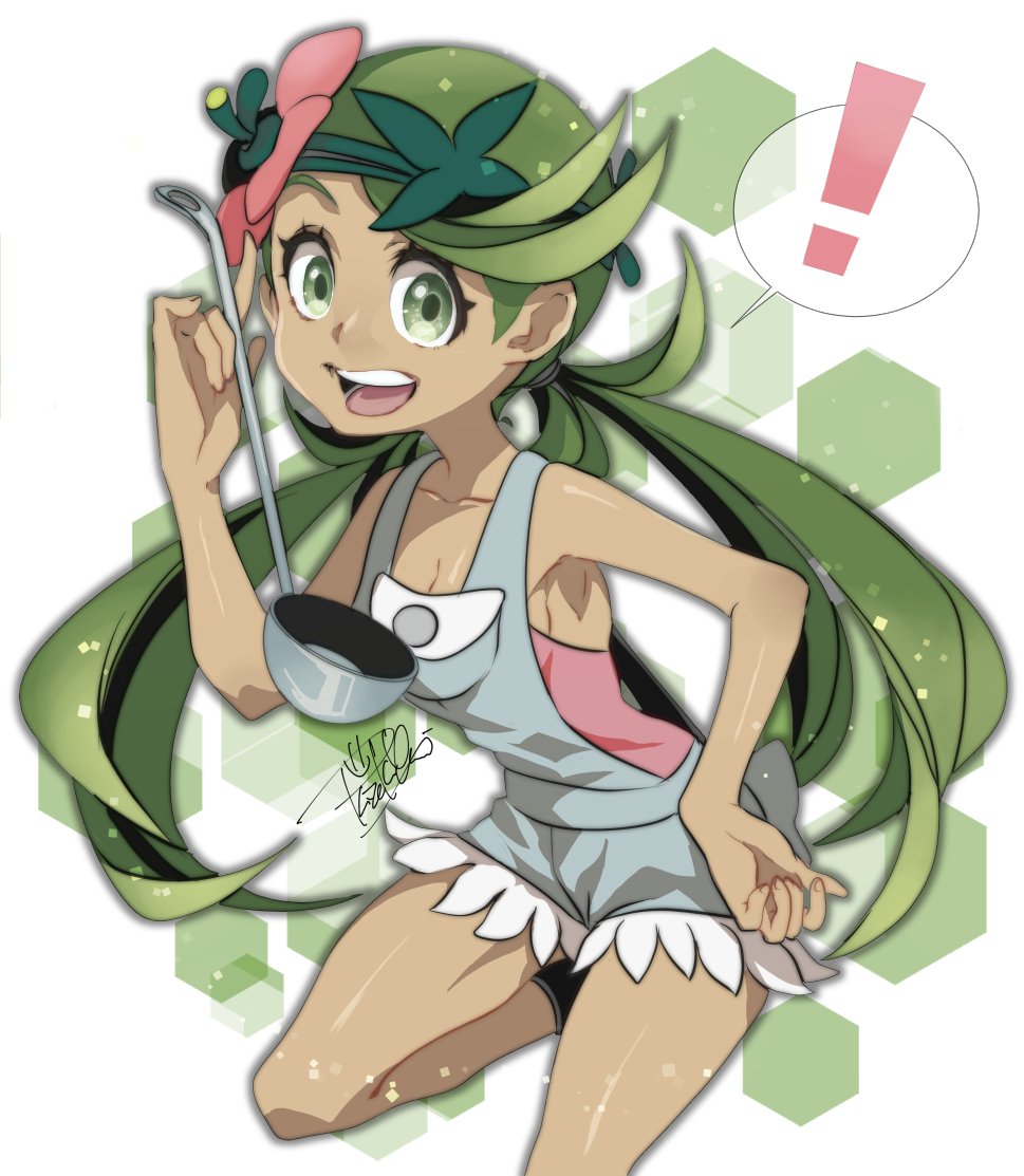 ! 1girl :d breasts cleavage collarbone creatures_(company) dark_skin fingernails flower game_freak green_eyes green_hair hand_on_hip holding holding_ladle isamu-ki_(yuuki) ladle leg_up long_hair looking_at_viewer mallow_(pokemon) nintendo open_mouth overalls pink_flower pokemon pokemon_(game) pokemon_sm signature smile solo speech_bubble spoken_exclamation_mark teeth thighs trial_captain twintails