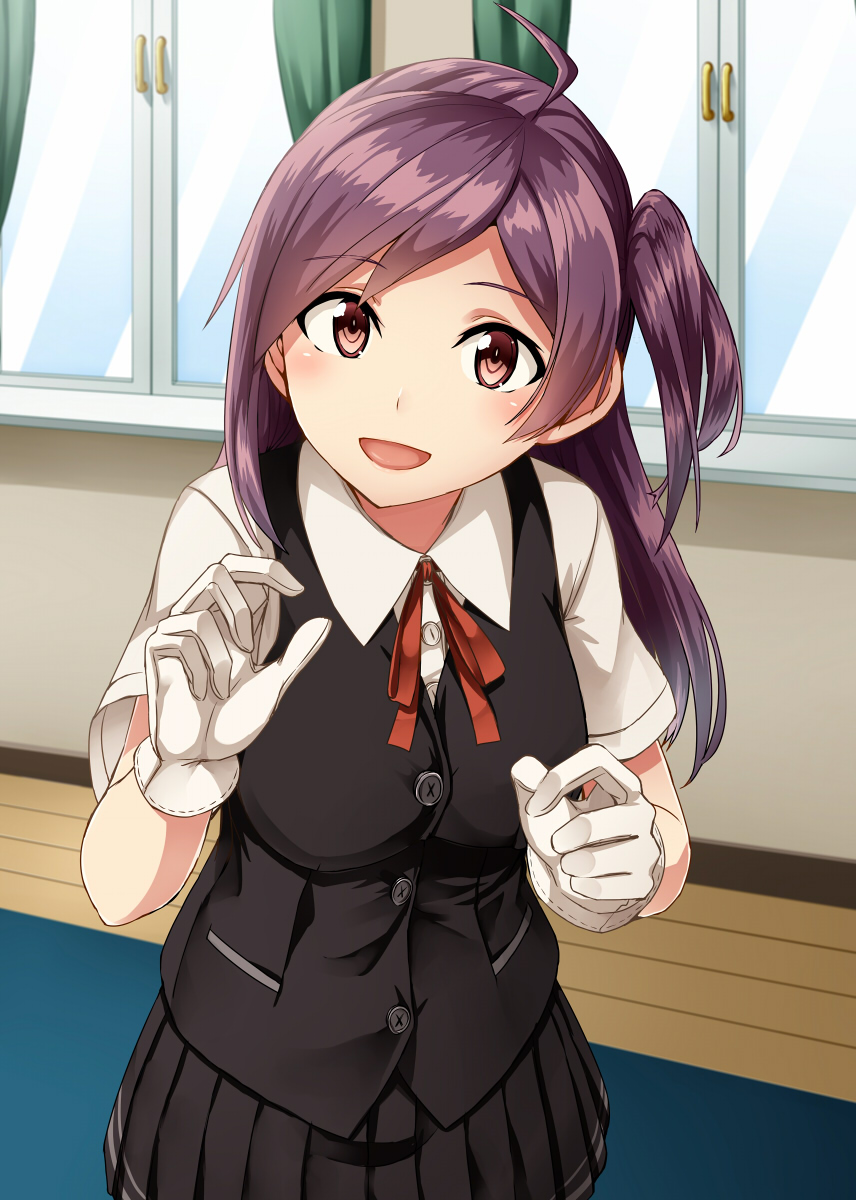 1girl :d ahoge bangs black_skirt black_vest blouse blush brown_eyes buttons commentary_request curtains eyebrows_visible_through_hair gloves hagikaze_(kantai_collection) hair_between_eyes highres indoors kamelie kantai_collection long_hair looking_at_viewer neck_ribbon one_side_up open_mouth pleated_skirt purple_hair red_neckwear red_ribbon ribbon short_sleeves skirt smile solo standing vest white_blouse white_gloves window
