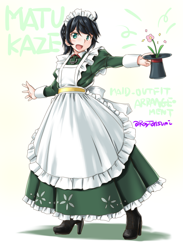 1girl ahoge alternate_costume apron bangs black_footwear black_hair character_name commentary_request dress enmaided flower frilled_apron frills full_body green_dress green_eyes hat hat_removed headwear_removed high_heels kantai_collection looking_at_viewer maid maid_headdress matsukaze_(kantai_collection) mini_hat open_mouth short_hair smile solo swept_bangs tatsumi_ray top_hat wavy_hair white_apron white_background