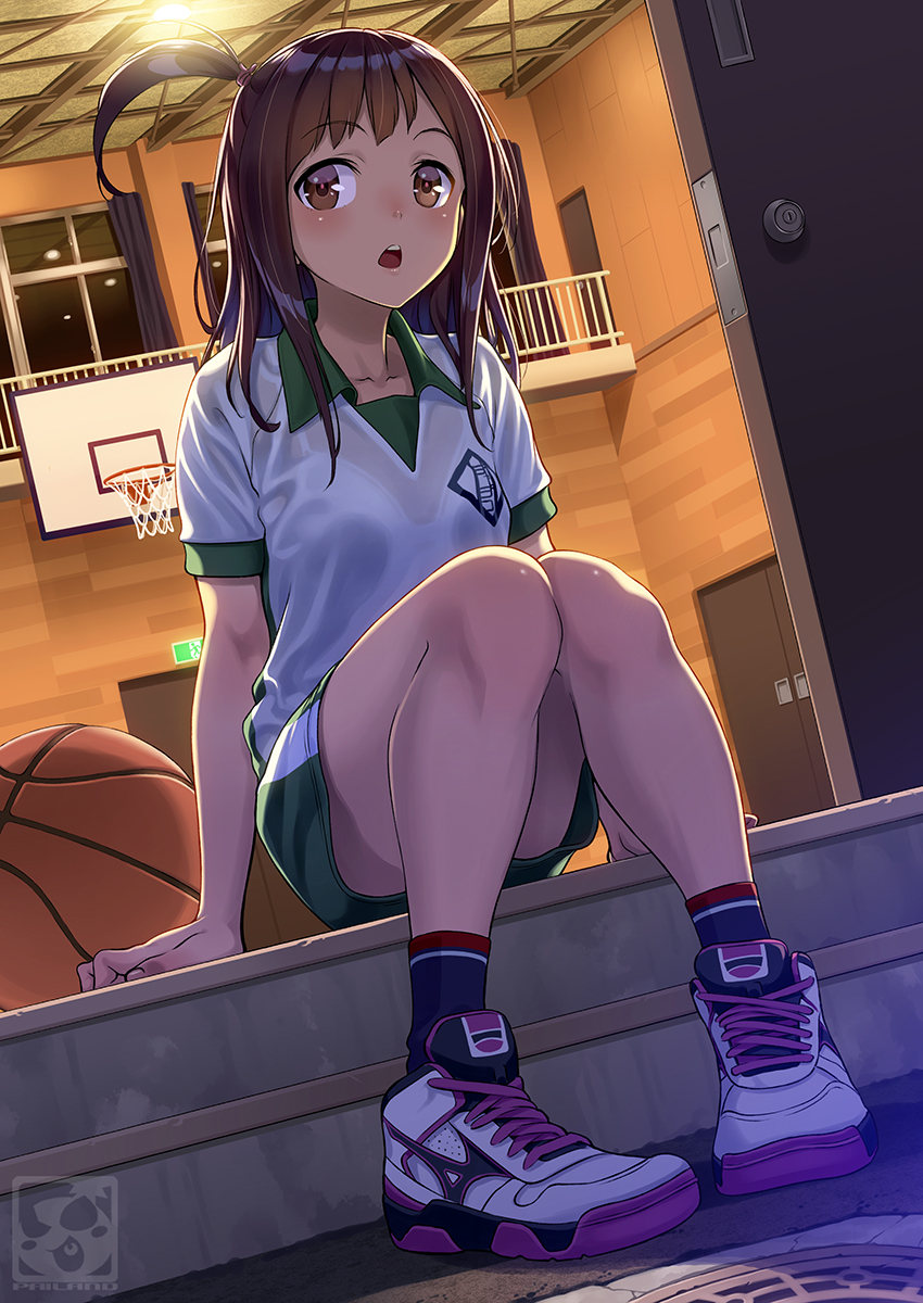 1girl :o arms_at_sides artist_logo artist_name backlighting bangs basketball basketball_hoop blush bralines brown_eyes brown_hair collared_shirt commentary_request curtains diagonal_bangs door dutch_angle eyebrows_visible_through_hair full_body green_shorts gym_shirt gym_shorts gym_uniform hair_tie highres long_hair night one_side_up open_door open_mouth original outdoors pairan shirt shoes shorts sitting solo stairs tareme white_footwear white_shirt window