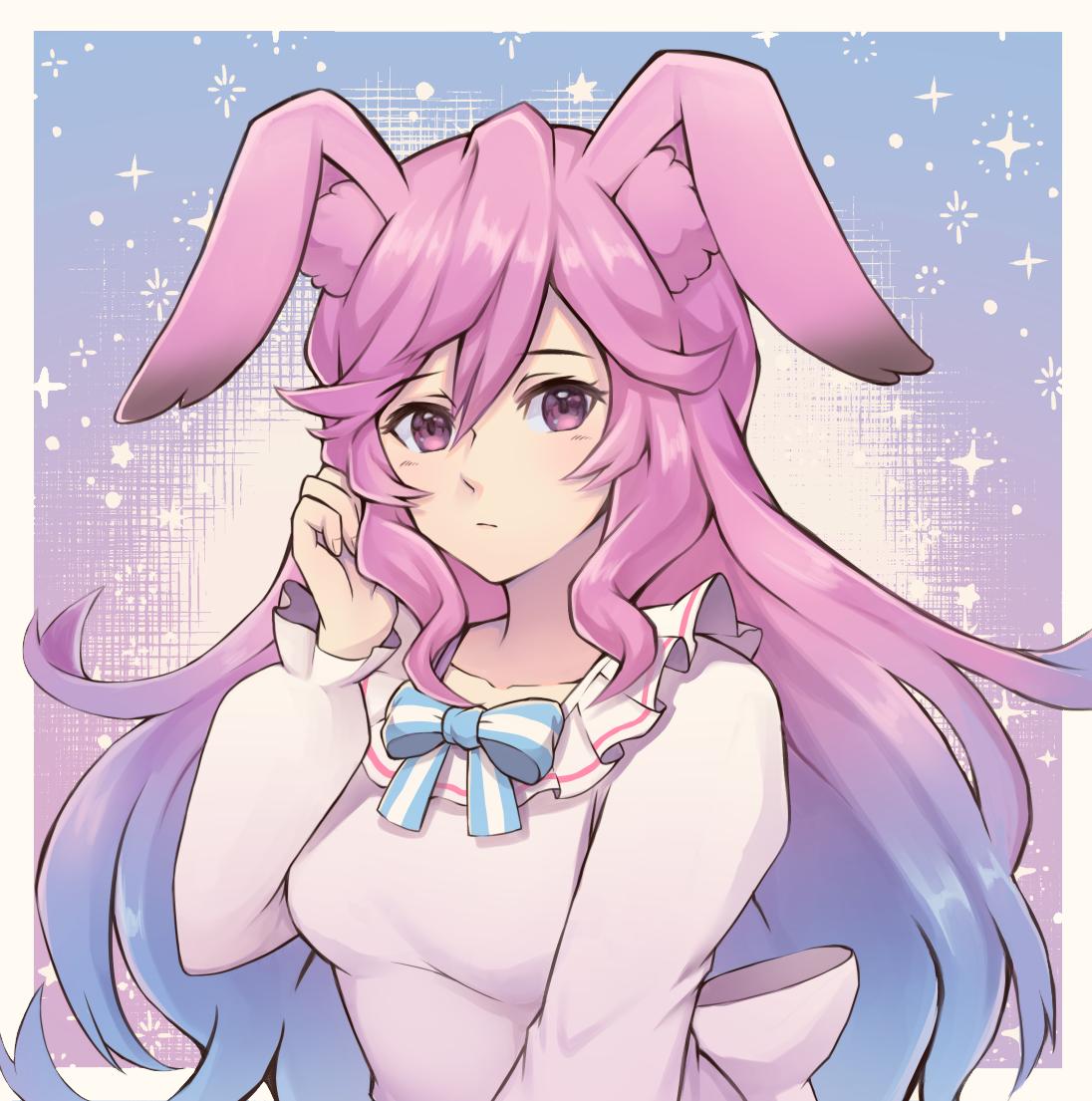 1girl alpakappa animal_ears blue_background blue_bow blue_hair blue_neckwear border bow bowtie breasts cleo_(dragalia_lost) collarbone dragalia_lost eyebrows_visible_through_hair gradient gradient_background gradient_hair hair_down hand_in_hair long_hair looking_at_viewer medium_breasts multicolored_hair no_headwear pajamas purple_background purple_hair rabbit_ears sidelocks solo sparkle_background striped striped_bow upper_body very_long_hair violet_eyes white_border white_pajamas