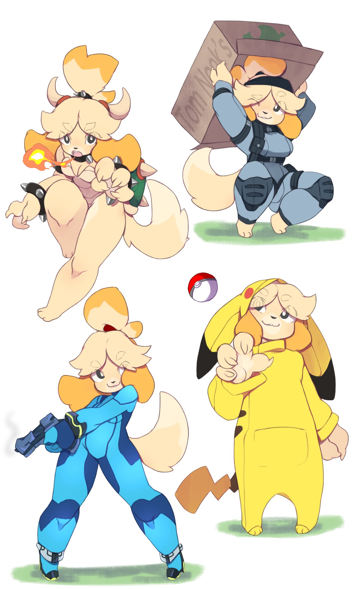 animal_ears bodysuit bowser bowser_(cosplay) box breathing_fire cosplay creatures_(company) dog_ears dog_tail doubutsu_no_mori fire game_freak gen_1_pokemon highres super_mario_bros. metal_gear_(series) metal_gear_solid metroid nintendo pikachu pikachu_(cosplay) poke_ball pokemon punipaws samus_aran samus_aran_(cosplay) shizue_(doubutsu_no_mori) simple_background solid_snake solid_snake_(cosplay) spiked_shell super_mario_bros. super_smash_bros. tail white_background zero_suit