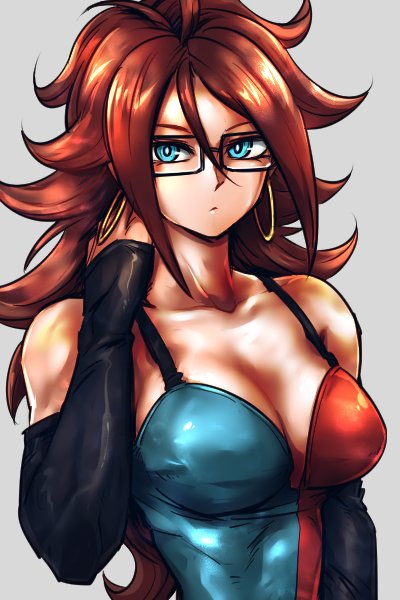 1girl adapted_costume android_21 bare_shoulders black-framed_eyewear blue_eyes breasts brown_hair checkered checkered_dress cleavage closed_mouth collarbone commentary_request curly_hair detached_sleeves dragon_ball dragon_ball_fighterz dress earrings expressionless glasses hoop_earrings jewelry long_hair looking_at_viewer medium_breasts simple_background sleeveless sleeveless_dress smile st62svnexilf2p9 two-tone_dress upper_body very_long_hair