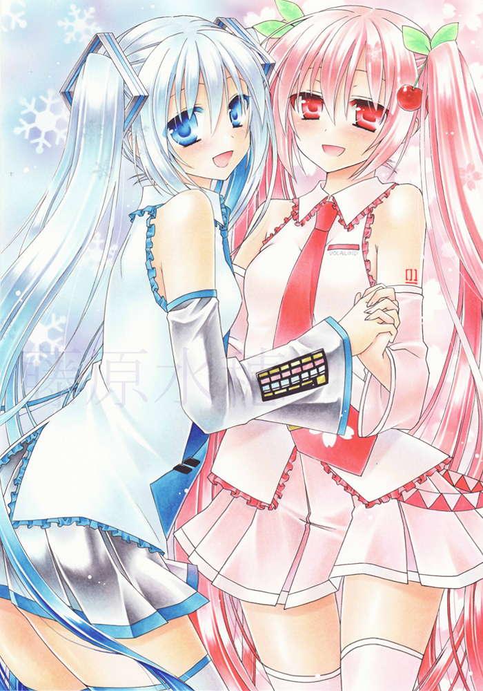 2girls :d absurdly_long_hair blue_eyes blue_hair blue_neckwear blush collared_shirt cowboy_shot detached_sleeves dress_shirt frilled_shirt frills fujiwara_minaho grey_skirt grey_sleeves hair_between_eyes hair_ornament hand_holding hatsune_miku interlocked_fingers long_hair long_sleeves looking_at_viewer marker_(medium) miniskirt multiple_girls necktie open_mouth pink_hair pink_sleeves pleated_skirt red_eyes red_neckwear sakura_miku shiny shiny_hair shirt skirt sleeveless sleeveless_shirt smile snowflakes standing thigh-highs traditional_media twintails very_long_hair vocaloid white_legwear white_shirt white_skirt wing_collar yuki_miku zettai_ryouiki