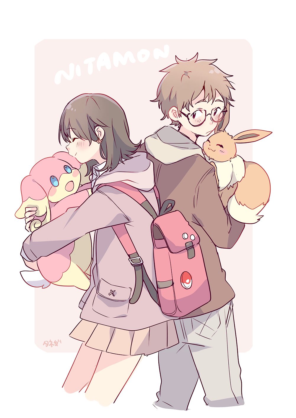 1boy 1girl :3 :d ^_^ artist_name audino back-to-back backpack bag bangs black_hair blue_eyes blush brown_hair brown_jacket closed_eyes closed_eyes creatures_(company) earrings eevee flower_earrings game_freak gen_1_pokemon gen_5_pokemon glasses grey_pants highres holding holding_pokemon hood hood_down hooded_jacket jacket jewelry looking_back miniskirt nintendo open_mouth orange_skirt pants pink_background pleated_skirt pokemon pokemon_(creature) purple_jacket short_hair skirt smile taneda_yuuta