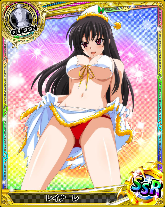1girl :d bikini_top black_hair blush breasts card_(medium) character_name chess_piece christmas fur_trim gloves hat high_school_dxd large_breasts long_hair looking_at_viewer navel official_art open_mouth panties pink_eyes queen_(chess) raynare red_panties santa_hat skirt smile solo torn_clothes trading_card under_boob underwear white_bikini_top white_gloves white_headwear