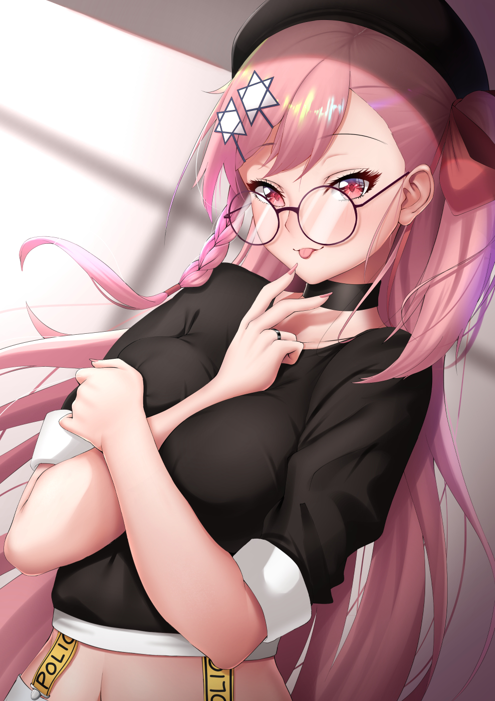 1girl :p arm_between_breasts bangs beret black-framed_eyewear black_headwear blush bow braid breasts casual choker collarbone dearonnus eyebrows_visible_through_hair girls_frontline hair_between_eyes hair_bow hair_ornament hair_ribbon hairclip hand_up hat hexagram highres holding_arm jewelry long_hair looking_at_viewer medium_breasts navel negev_(girls_frontline) one_side_up pink_hair red_bow red_eyes ribbon ring round_eyewear shirt side_braid smile solo star_of_david suspenders tongue tongue_out upper_body wedding_band