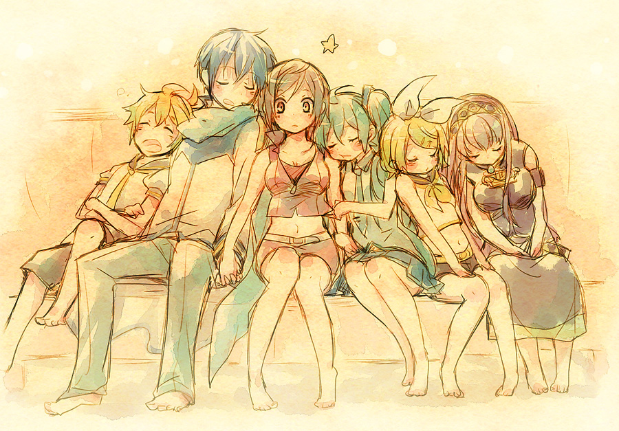 2boys 4girls :o bare_legs barefoot belt blonde_hair blue_hair blue_scarf blush blush_stickers breast_squeeze breasts brown_hair closed_eyes coat couch crossed_arms eyebrows_visible_through_hair full_body hair_ribbon hand_holding hatsune_miku interlocked_fingers kagamine_len kagamine_rin kaito leaning leaning_on_person locked_arms long_hair megurine_luka meiko multiple_boys multiple_girls navel necktie open_mouth pants pink_hair ribbon sandwiched scarf sepia short_hair simple_background sitting skirt sleeping sleeping_on_person star strapless surprised tsuyuka_(sunny_spot) tubetop vocaloid white_ribbon wide-eyed yellow_neckwear