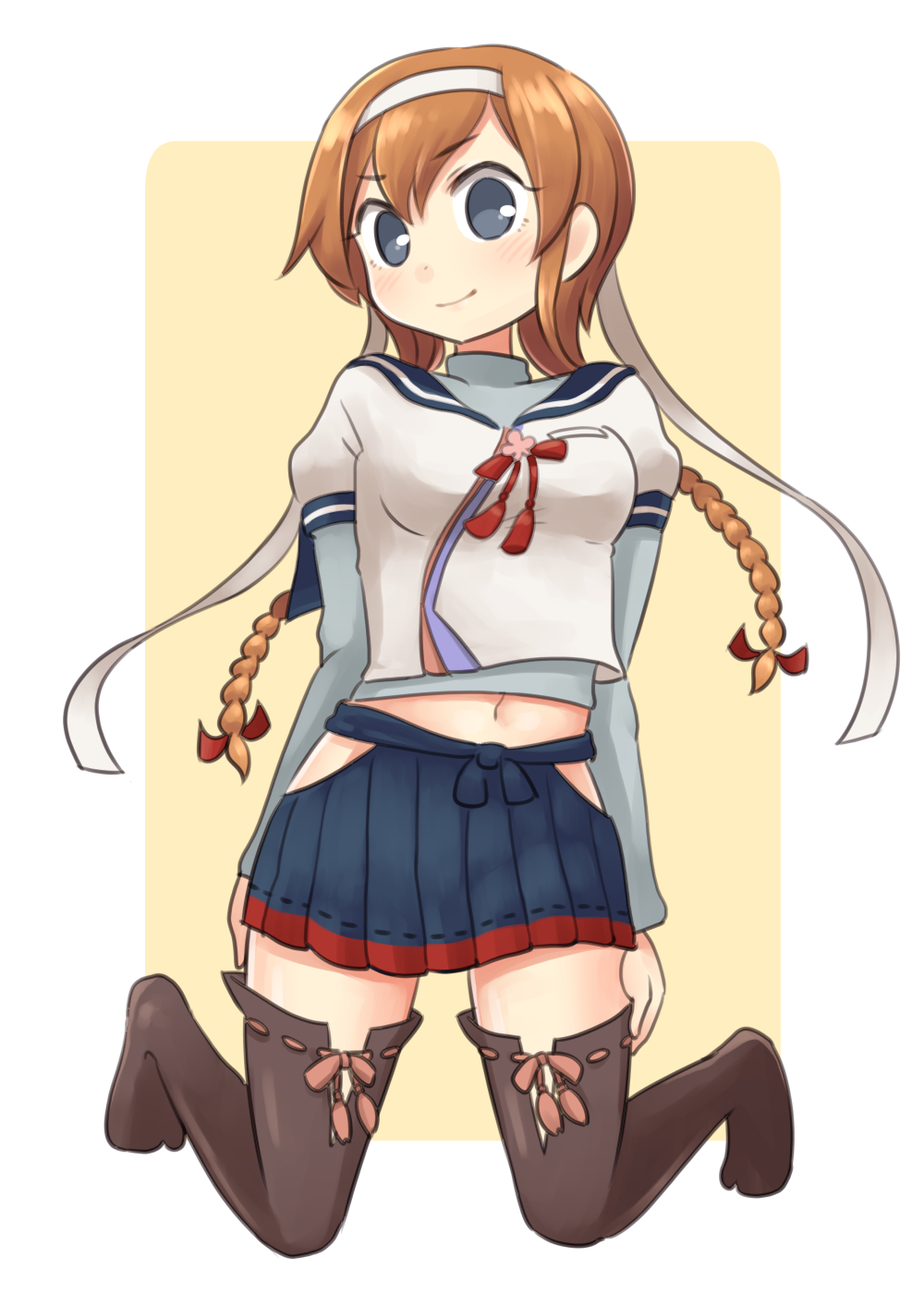 1girl akashi_(kantai_collection) akashi_(kantai_collection)_(cosplay) blue_eyes blush boots braid breasts brown_hair cosplay full_body hachimaki hairband headband highres kantai_collection kneeling long_hair looking_at_viewer medium_breasts navel simoyuki smile solo teruzuki_(kantai_collection) thigh-highs thigh_boots twin_braids zettai_ryouiki