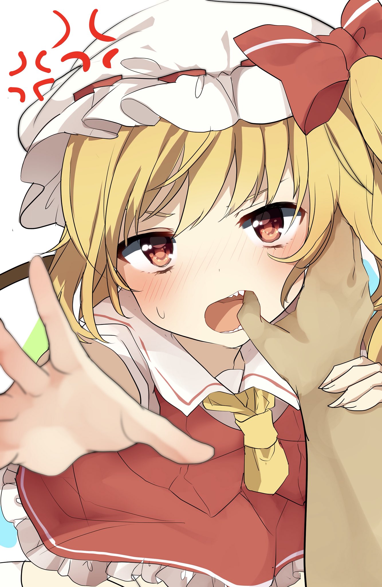 1girl anger_vein arm_grab ascot bangs blonde_hair blush bow crystal feet_out_of_frame flandre_scarlet grabbing hat hat_bow highres karasusou_nano looking_at_viewer mob_cap nose_blush one_side_up open_mouth petticoat pov reaching_out red_bow red_eyes red_skirt red_vest short_hair simple_background skirt skirt_set solo_focus sweat teeth touhou vest white_background white_headwear white_legwear wings yellow_neckwear