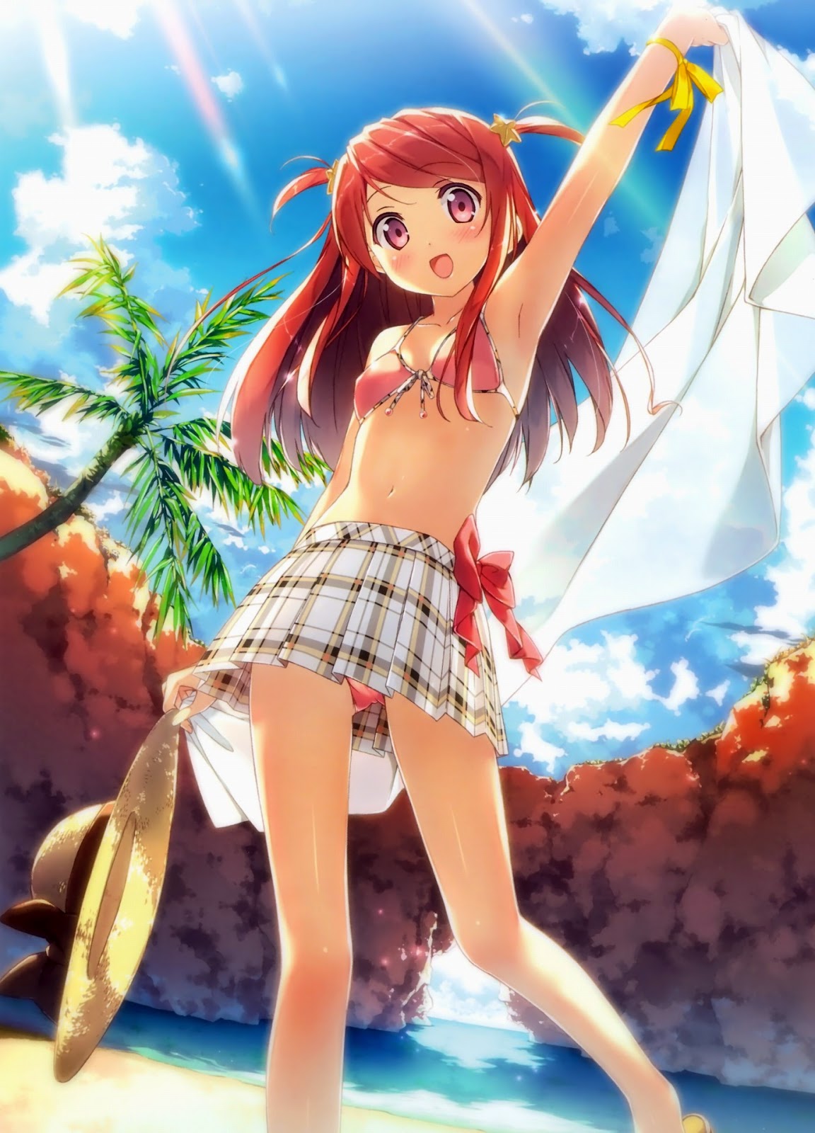 1girl beach black_ribbon bra character_request checkered checkered_skirt clouds copyright_request dutch_angle hair_ornament hand_up hat highres kantoku miniskirt ocean palm_tree panties pink_bra pink_panties red_ribbon redhead ribbon rock see-through shirtless skirt sky solo solo_focus source_request sunlight tree twintails underwear yellow_ribbon