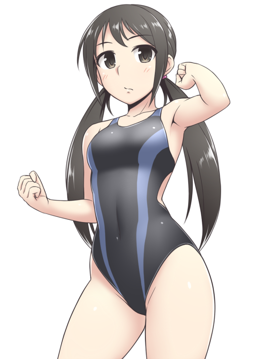 1girl black_hair black_swimsuit brown_eyes clenched_hand collarbone competition_swimsuit covered_navel cowboy_shot expressionless idolmaster idolmaster_cinderella_girls looking_at_viewer low_twintails nakano_yuka one-piece_swimsuit pataniito simple_background solo standing swimsuit twintails white_background