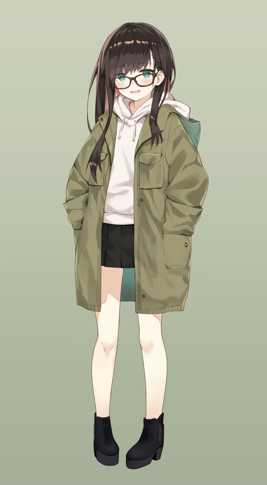 1girl :d aqua_eyes bangs bare_legs black-framed_eyewear black_footwear black_hair black_skirt blush boots breast_pocket brown-framed_eyewear commentary_request drawstring eyebrows_visible_through_hair full_body glasses green_background green_jacket hands_in_pockets highres hood hood_down hooded_jacket hoodie jacket long_hair long_sleeves looking_at_viewer miniskirt open_clothes open_jacket open_mouth original pigeon-toed pleated_skirt pocket sidelocks simple_background skirt smile solo standing thighs white_hoodie yuuuuu