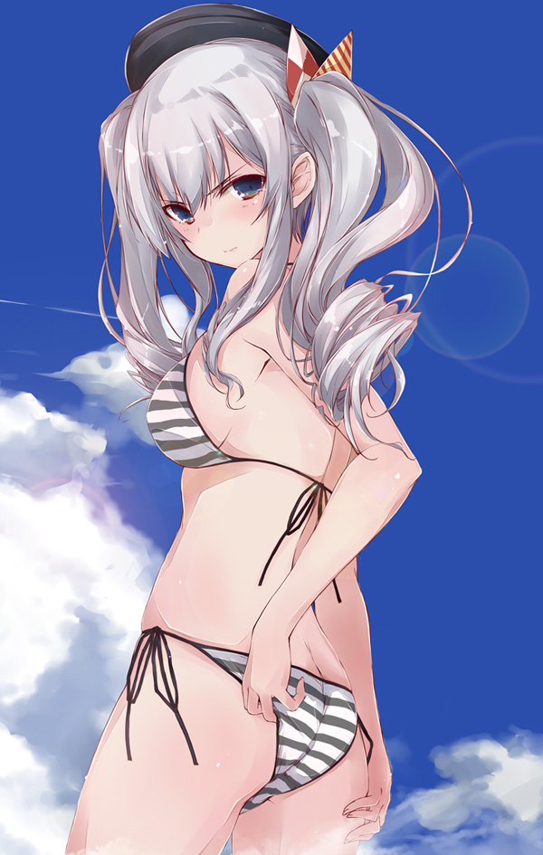 1girl ass beret bikini black_headwear blue_eyes blue_sky breasts butt_crack clouds commentary_request condensation_trail cowboy_shot day from_behind hat kantai_collection kashima_(kantai_collection) lens_flare looking_at_viewer looking_back outdoors side-tie_bikini sideboob sidelocks silver_hair sky solo standing striped striped_bikini swimsuit tsurime twintails wavy_hair yumesato_makura