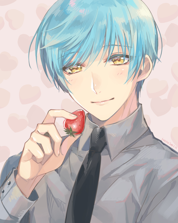 1boy aqua_hair collared_shirt food fruit heart hebino_rai ichigo_hitofuri male_focus necktie pun shirt smile strawberry touken_ranbu upper_body yellow_eyes