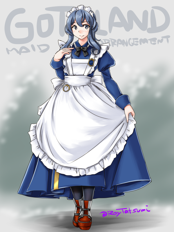 1girl adapted_costume alternate_costume apron black_legwear black_ribbon blue_dress blue_eyes blue_hair boots character_name collared_dress dress enmaided frilled_apron frills full_body gotland_(kantai_collection) gradient gradient_background grey_background hair_bun kantai_collection long_dress long_hair long_sleeves looking_at_viewer maid maid_headdress mole mole_under_eye neck_ribbon pantyhose red_footwear ribbon solo standing tatsumi_ray twitter_username white_apron