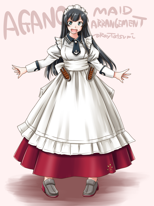 1girl adapted_costume agano_(kantai_collection) alternate_costume anchor_symbol apron black_hair black_neckwear character_name enmaided frilled_apron frills full_body green_eyes grey_legwear kantai_collection loafers long_hair long_skirt long_sleeves looking_at_viewer maid maid_headdress necktie open_mouth puffy_sleeves red_skirt shirt shoes skirt smile solo standing tatsumi_ray white_apron white_shirt