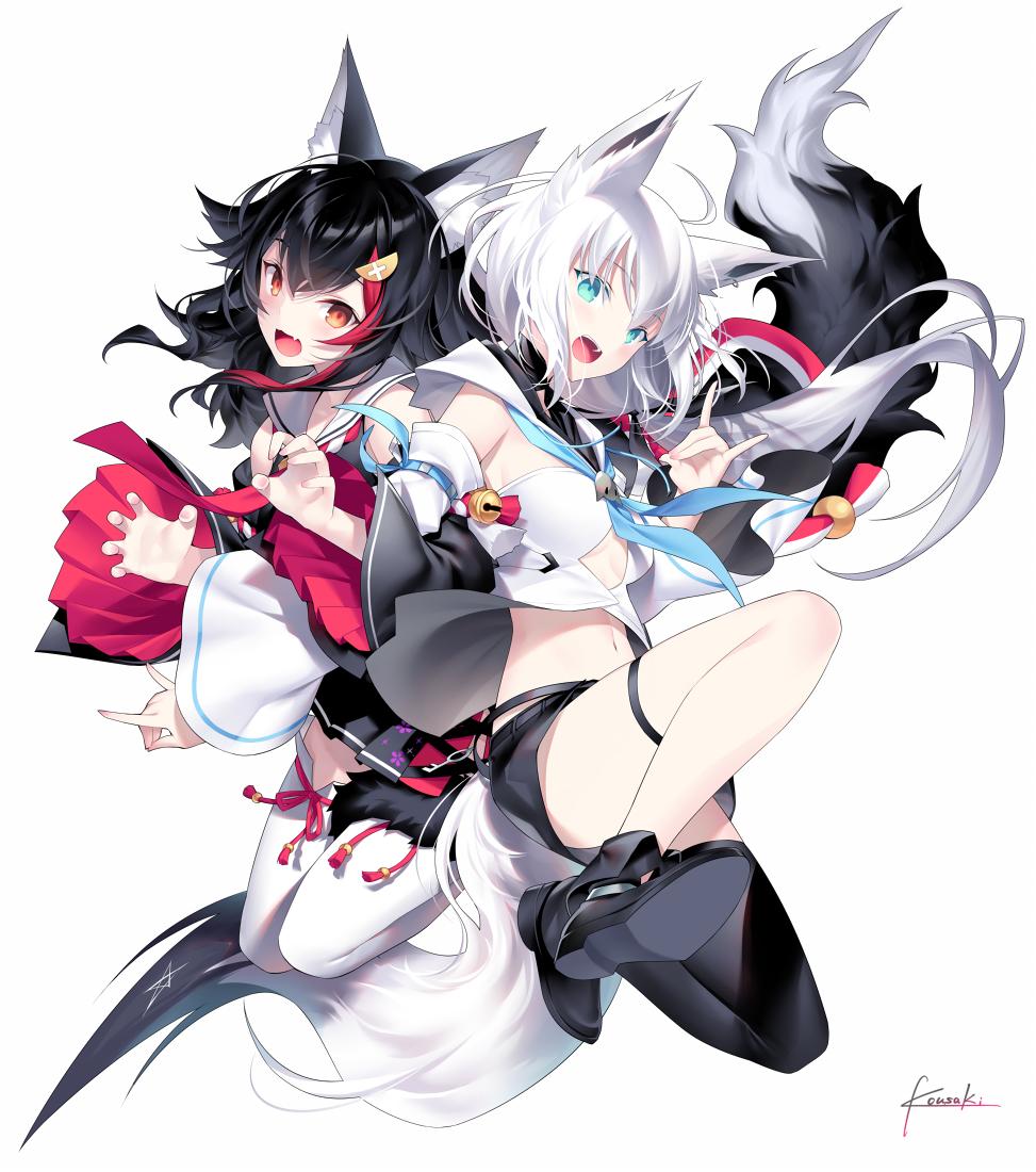 2girls ahoge animal_ears bangs bell black_footwear black_hair black_shorts blue_eyes blush braid breasts choker collarbone commentary detached_sleeves falling fang floating_hair fox_ears fox_girl fox_tail full_body hair_between_eyes hair_ornament hairclip hand_up hands_up hololive japanese_clothes kouhaku_nawa kousaki_rui long_hair looking_at_viewer midriff multiple_girls navel ookami_mio open_mouth redhead shirakami_fubuki shorts side_braid sidelocks signature simple_background single_thigh_boot small_breasts tail thigh-highs virtual_youtuber white_background white_hair wind wolf_ears wolf_tail yellow_eyes zettai_ryouiki