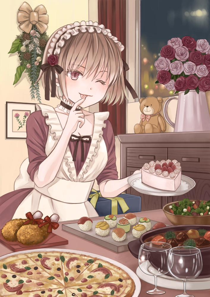 1girl ;p apron box breasts cake chest_of_drawers choker city_lights cleavage commentary_request cup curtains dress drinking_glass finger_licking flower food frilled_choker frills fruit gift gift_box hair_between_eyes hairband head_tilt holding holding_plate indoors karaage kisshou_mizuki leaning licking light_brown_hair lolita_hairband looking_at_viewer maid maid_apron night nigirizushi one_eye_closed original picture_frame pinecone pink_flower pink_rose pizza plate purple_dress red_flower red_rose rose salad short_hair small_breasts smile solo standing stew strawberry stuffed_animal stuffed_toy sushi table teddy_bear tongue tongue_out vase violet_eyes whipped_cream window wine_glass