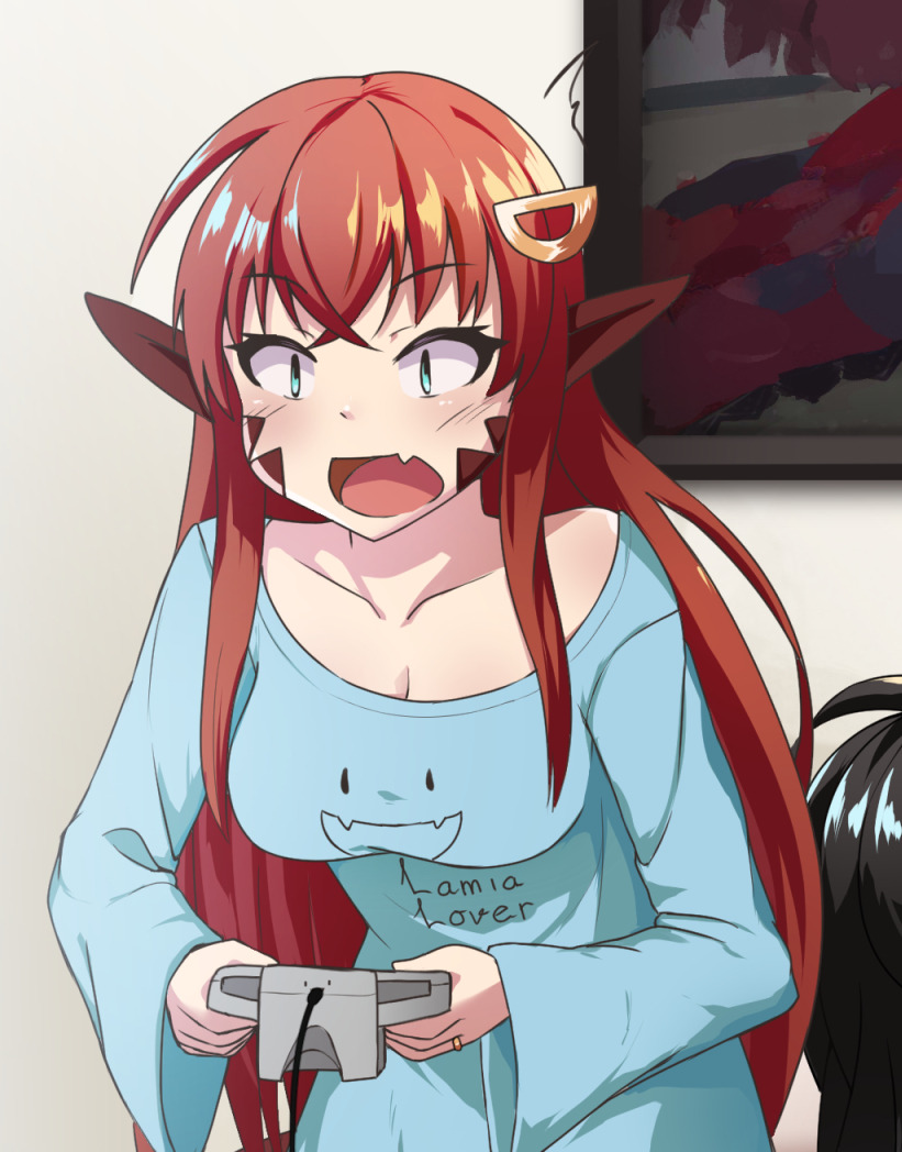 1girl blue_eyes blue_pajamas blush breasts controller cowfee cropped embarrassed eyebrows_visible_through_hair fang game_controller gamepad hair_ornament hairclip lamia living_room long_hair miia_(monster_musume) monster_girl monster_musume_no_iru_nichijou open_mouth painting pajamas playing_games pointy_ears red_hair scales surprised third-party_source very_long_hair