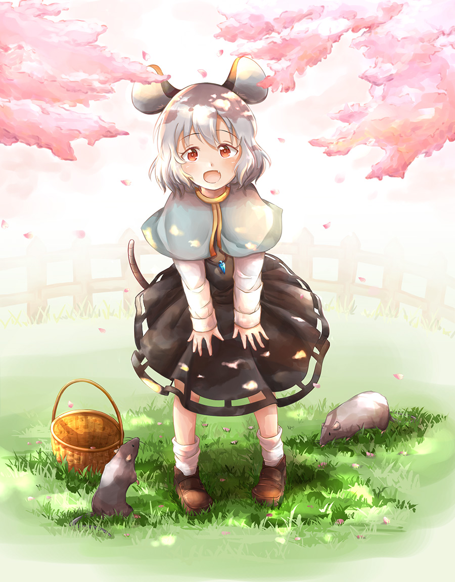 1girl animal_ears basket bending_forward black_dress brown_footwear capelet cherry_blossoms dappled_sunlight day dress eyebrows_visible_through_hair fang fence full_body grass grey_capelet grey_hair hair_between_eyes hands_on_own_knees jewelry looking_at_viewer mouse mouse_ears mouse_tail nazrin open_mouth outdoors pendant pendulum petals red_eyes saya_(yura0214) shadow short_hair solo standing sunlight tail touhou tree_branch white_legwear wooden_fence